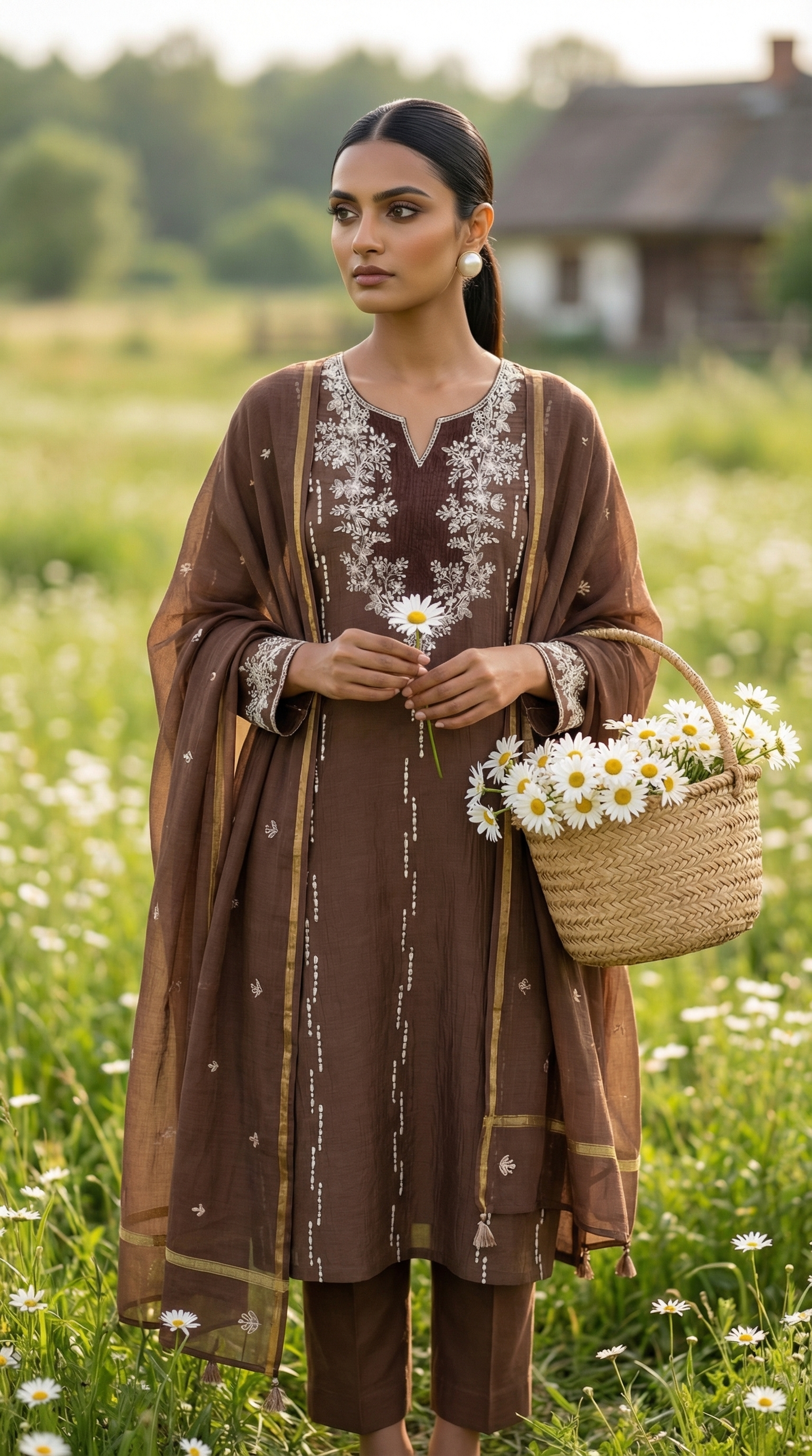 Mocha Brown Pitta Embroidery Mul Mul Suit Set
