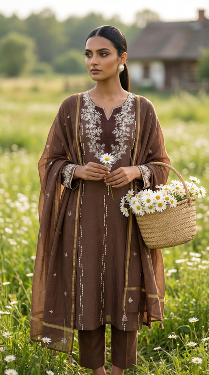 Mocha Brown Pitta Embroidery Mul Mul Suit Set