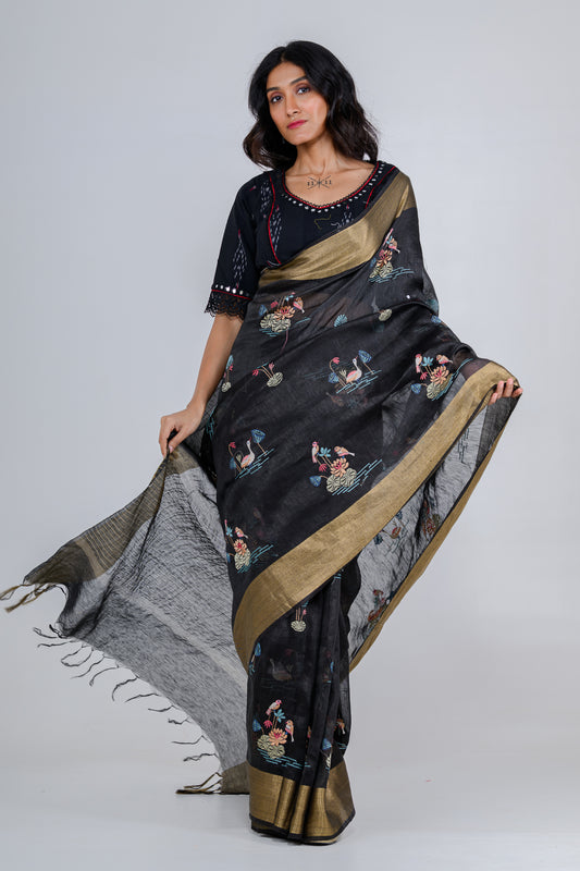 Black-Gold Dual Tone Floral Printed Pure Linen Saree