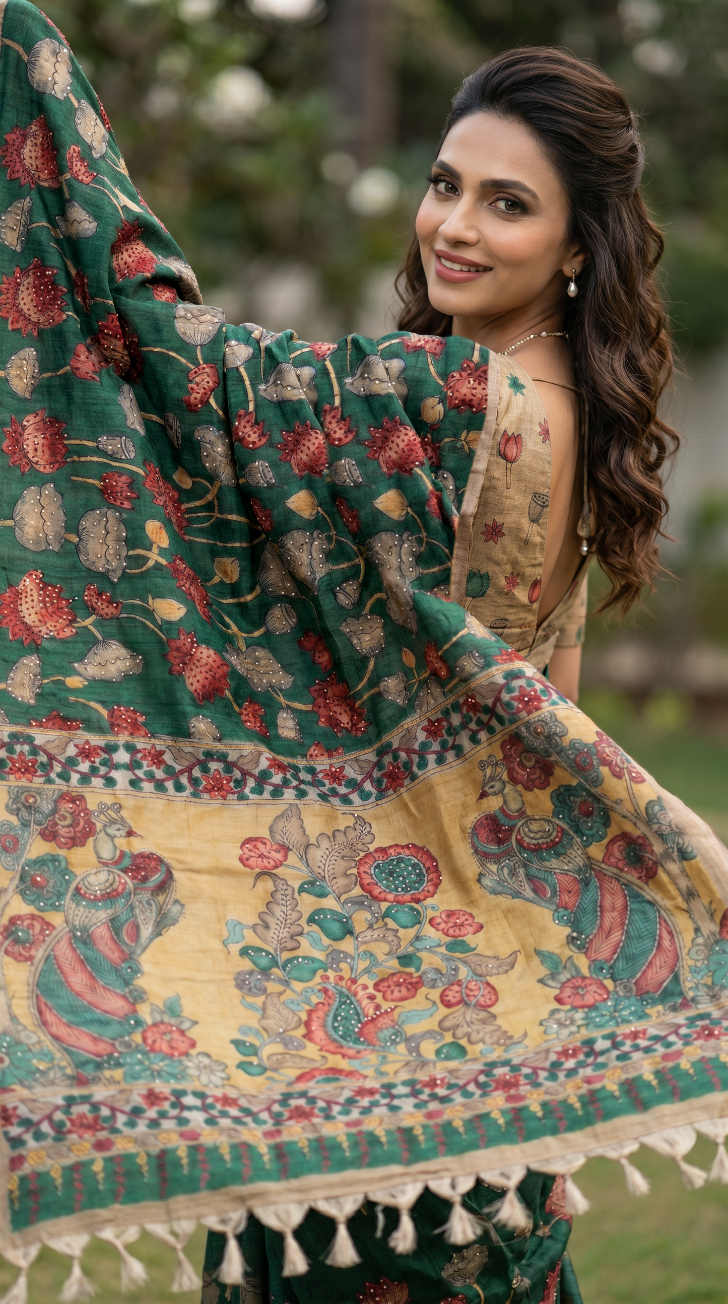 Forest Green Kalamkari Saree