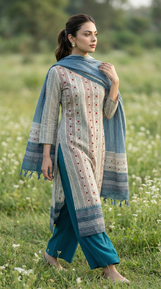 Resham Embroidery Blue Jute Cotton Stitched Suit Set