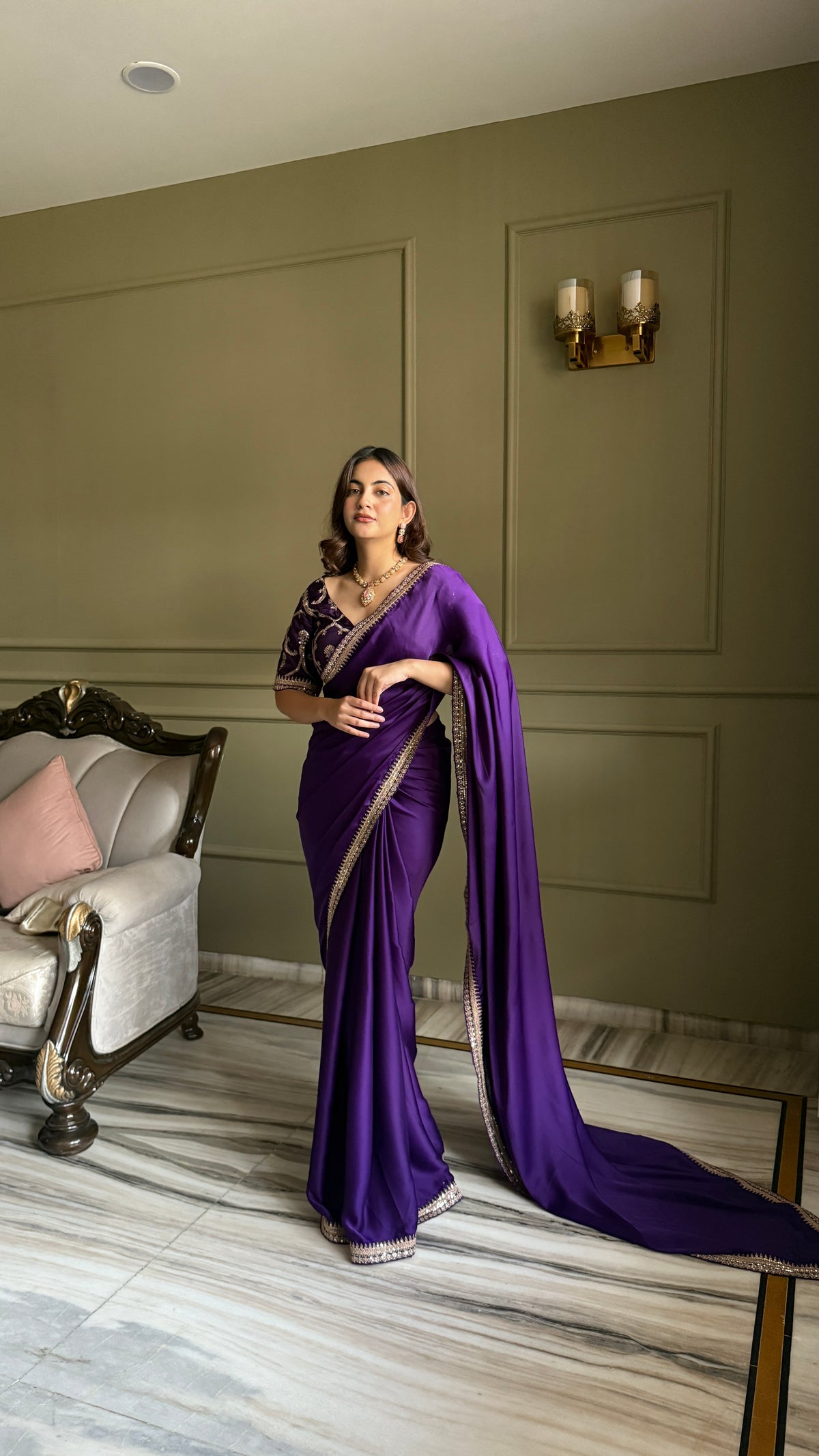 Deep Purple Satin Silk Saree With Blouse