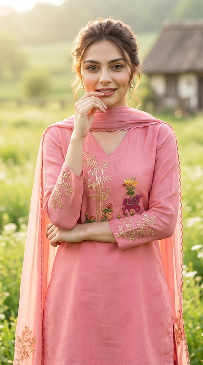 Powder Pink Mul mul Stitched Suit Set