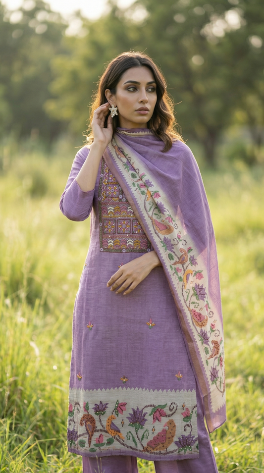 Resham Embroidery Lilac Chanderi Stitched Suit Set