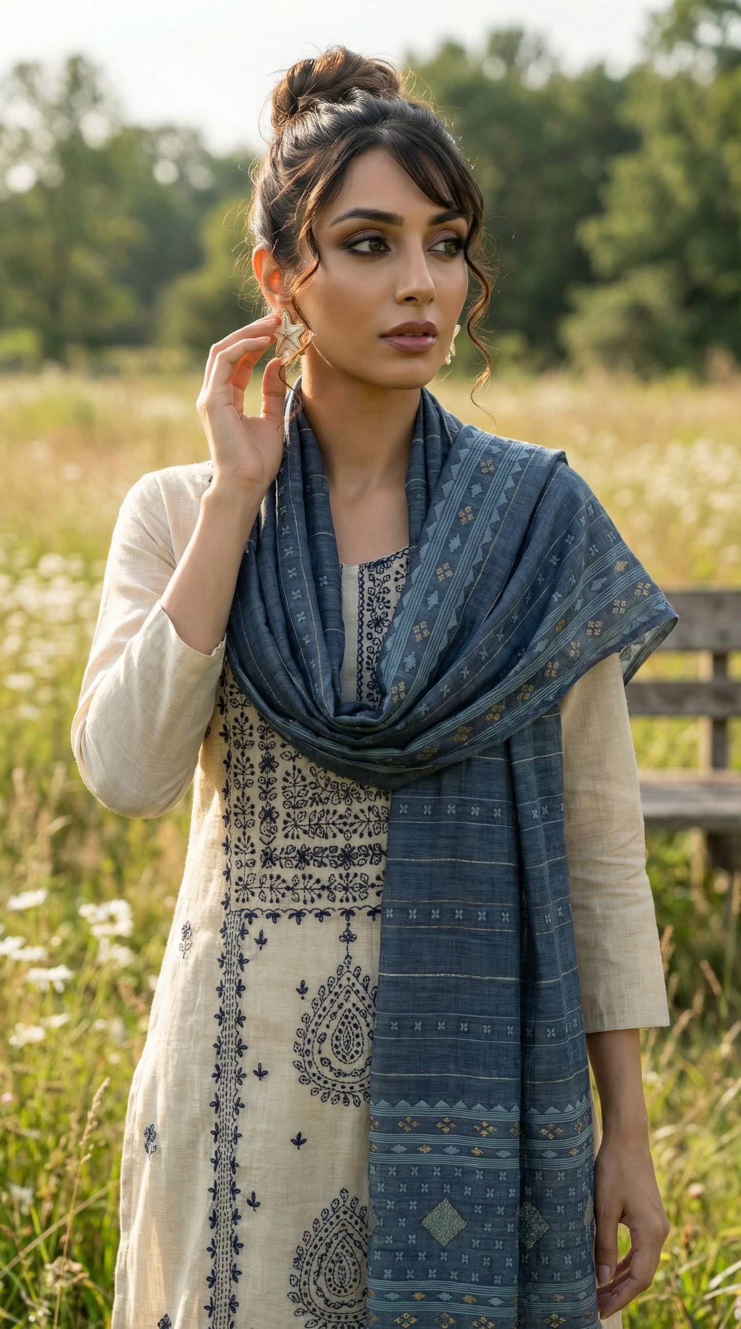 Resham Embroidery Blue Chanderi Stitched Suit Set