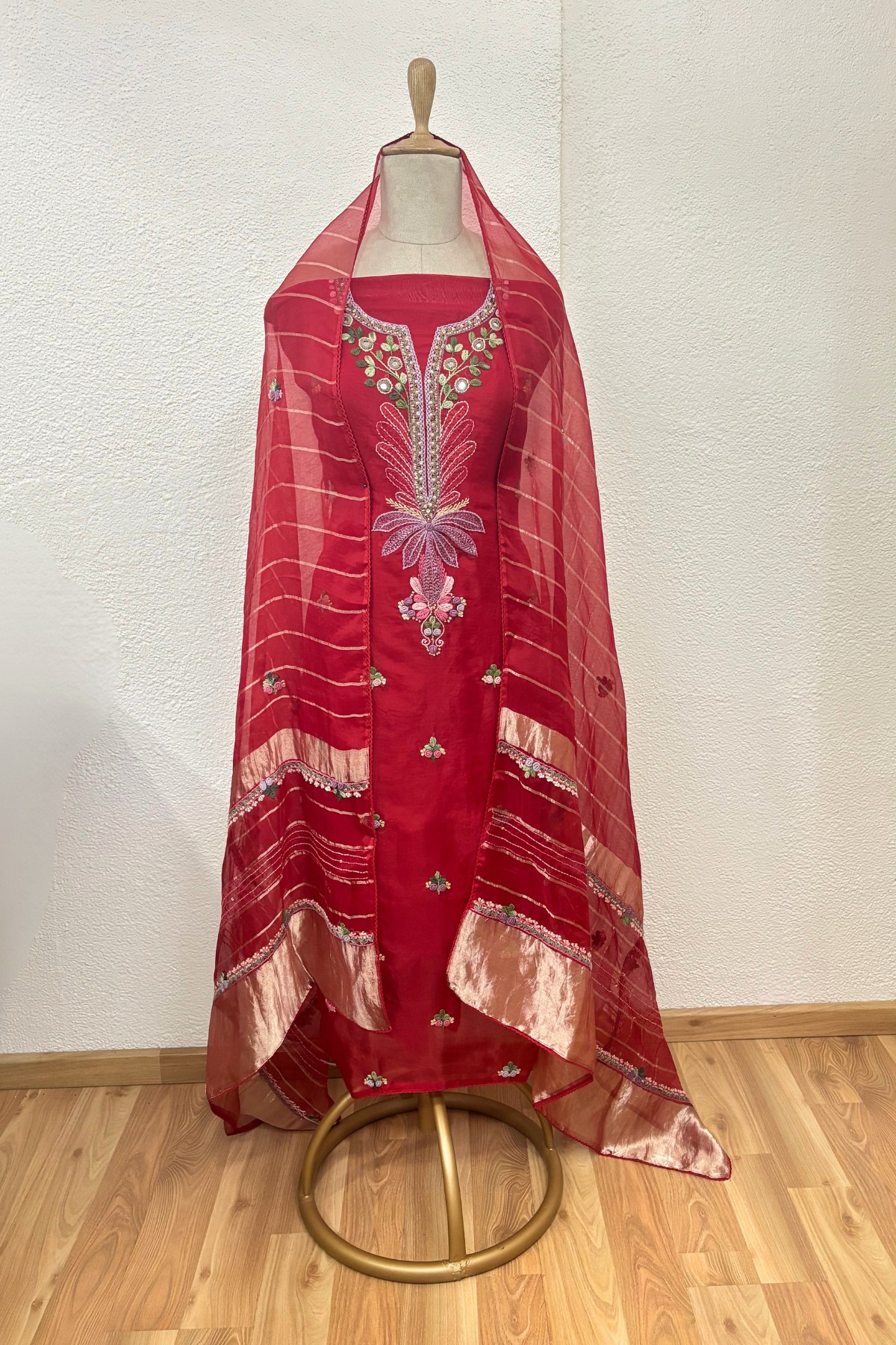 RED ORGANZA SUIT WITH THREAD WORK