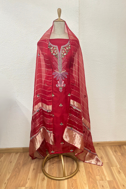 RED ORGANZA SUIT WITH THREAD WORK
