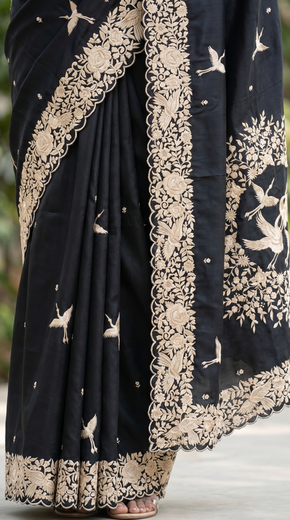 Black Coloured Thread Embroidery Saree