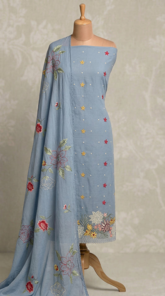 Powder Blue Resham Embroidery Mul Mul Unstitched Suit Set
