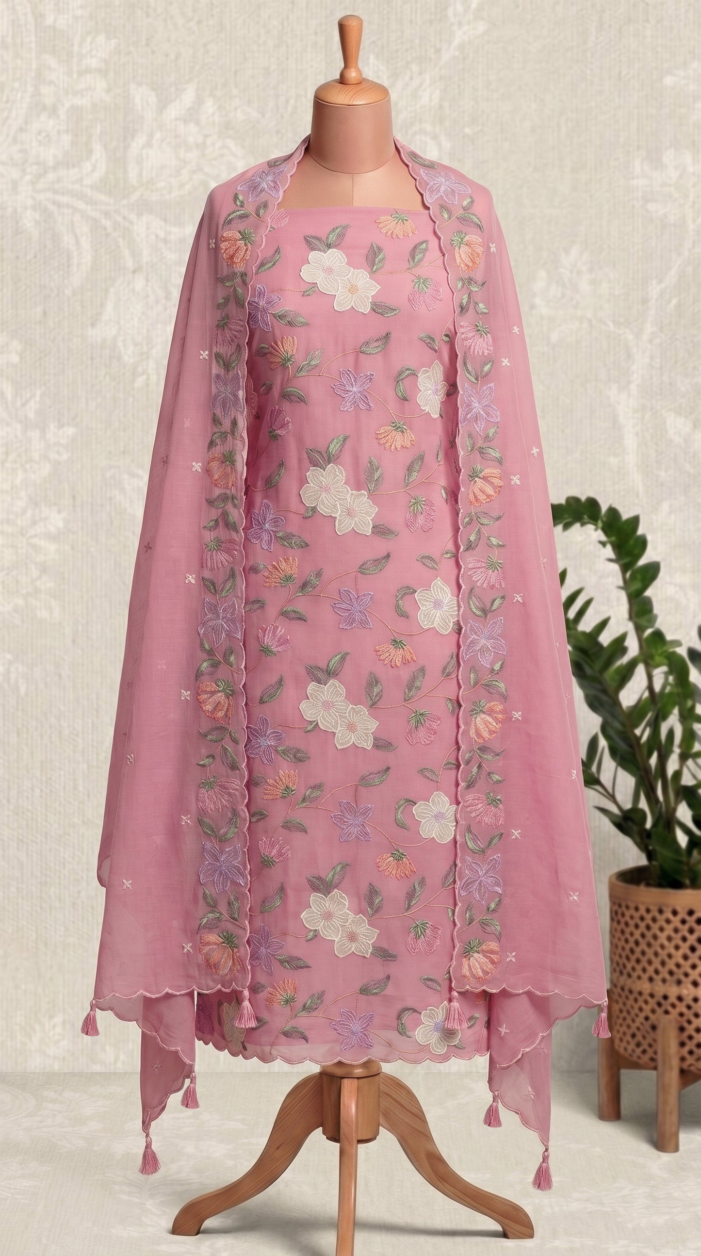 Vibrant Pink Floral embroidered Unstitched Indian Suit Piece
