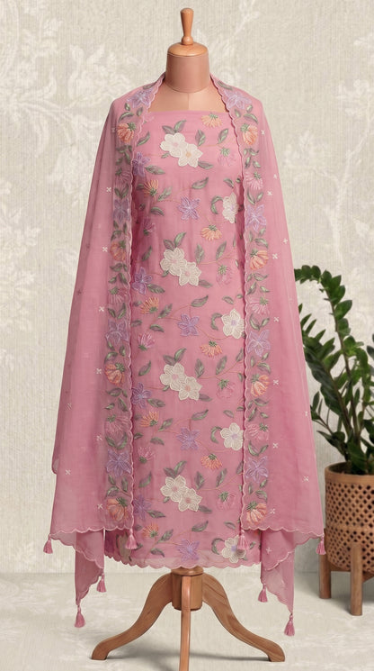 Vibrant Pink Floral embroidered Unstitched Indian Suit Piece