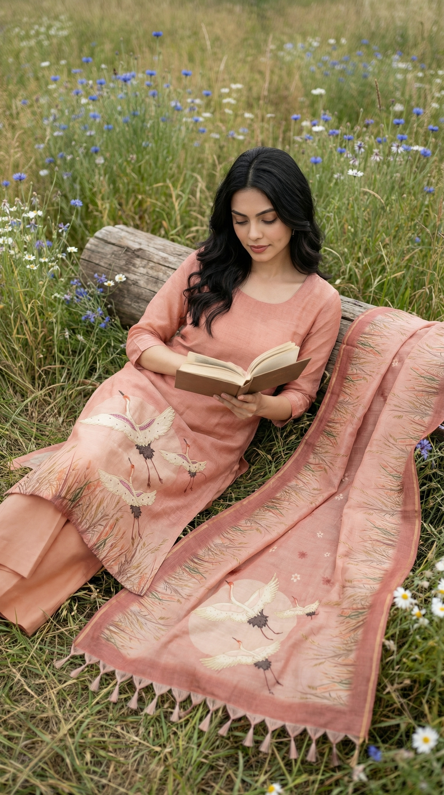 Peach Chanderi Stitched Suit Set
