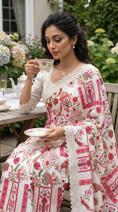 Cream Coloured Pink Floral Pinted Saree