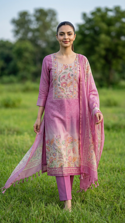 Resham Embroidery Electric Pink Kota Stitched Suit Set