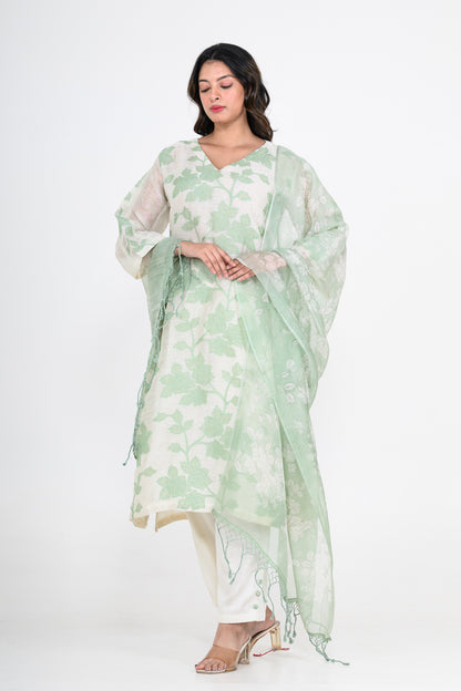Green Printed Pure Mulmul Kurta Set with Appliques