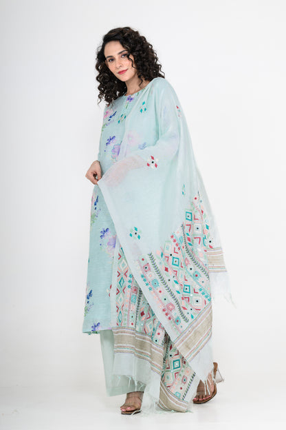 Sky Blue Pure Linen Kurta Set with Katha & Mirror Highlight