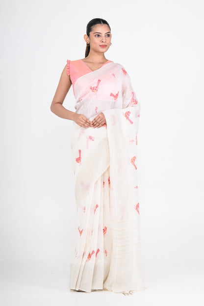 Parsi Embroidered White Pure Linen Saree