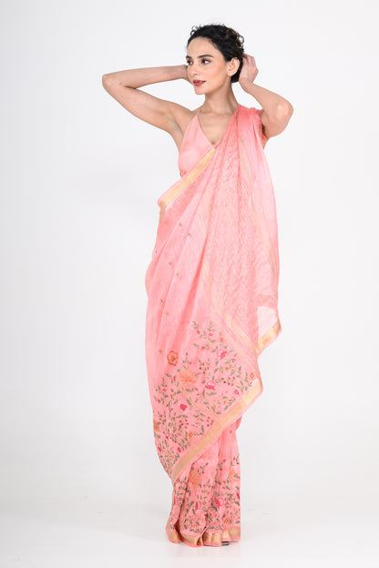 Parsi Embroidered Pink Pure Linen Saree