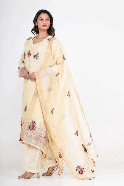 Pure Linen White Kurta Set & Dupatta with Thread Work