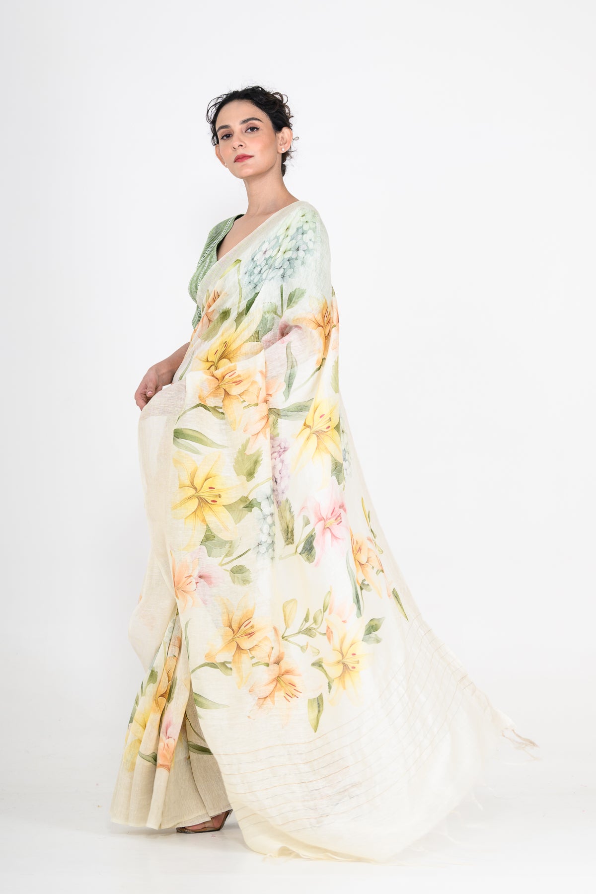 Floral Printed White Pure Linen Saree