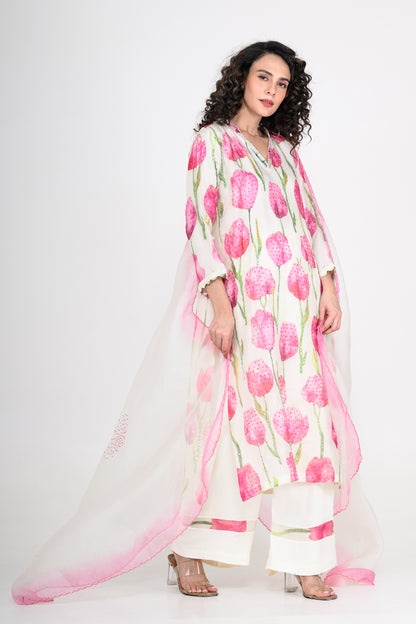White & Pink Printed Organza Kurta Set with Hand Embroidery