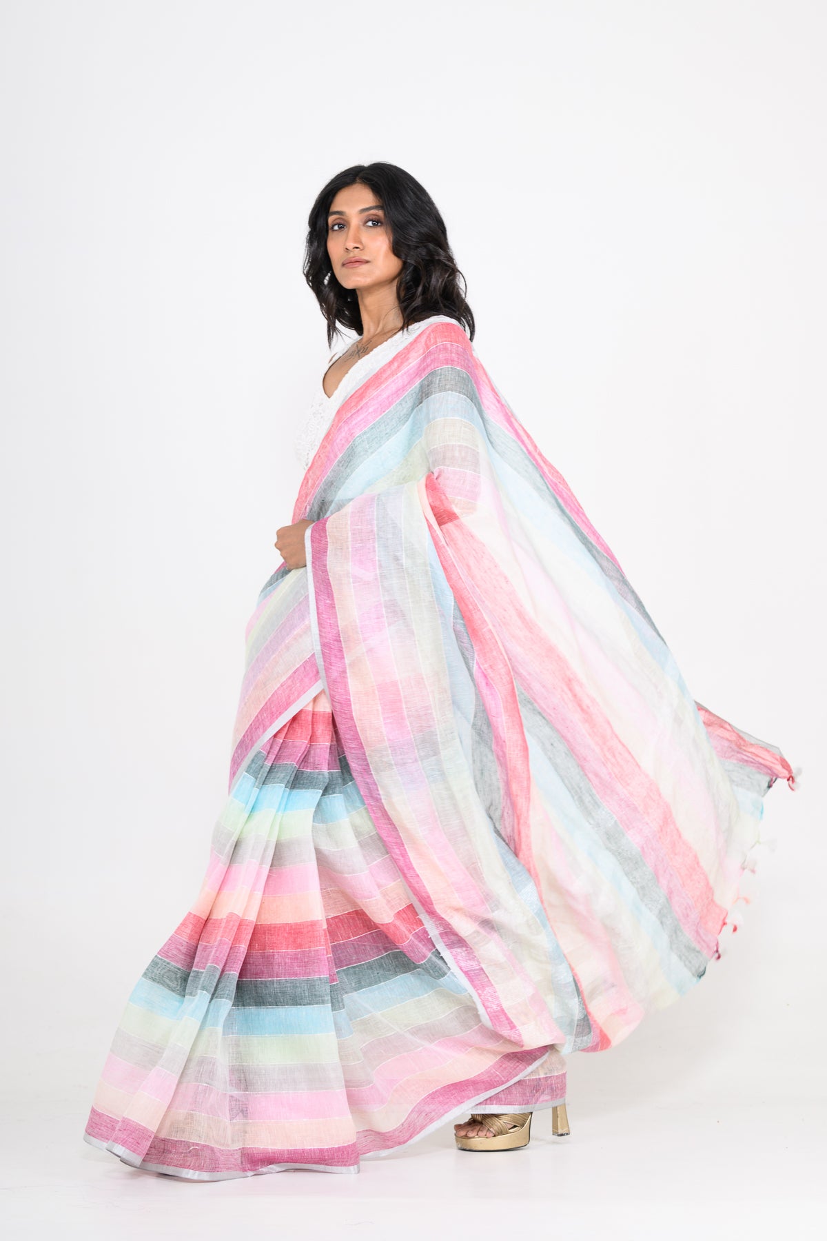 Multicolored Handwoven Striped Pure Linen Saree