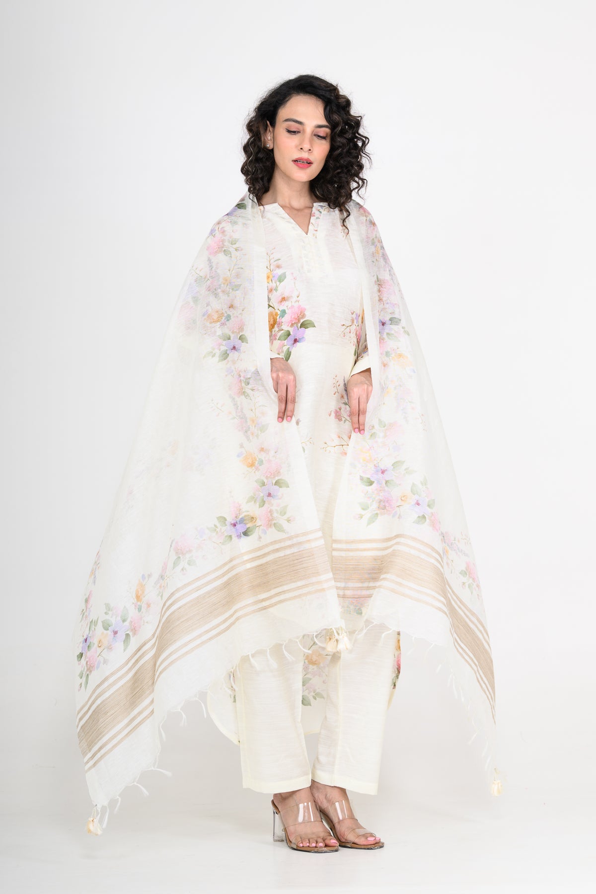 Pure Linen Off White Kurta Set with Dupatta