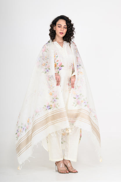 Pure Linen Off White Kurta Set with Dupatta
