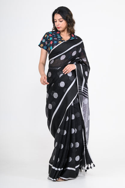Black Pure Linen Polka Dot Handwoven Saree