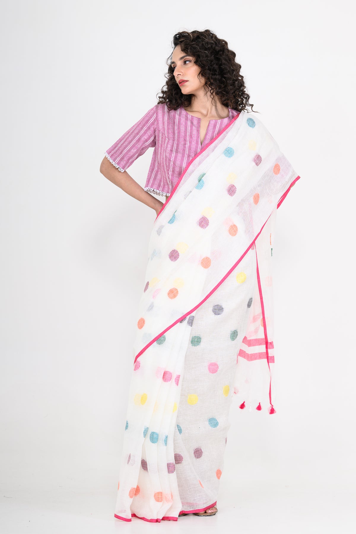 Off White Pure Linen Polka Dot Handwoven Saree