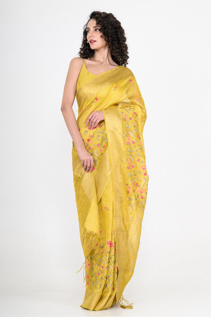Sunshine Yellow Parsi Embroidered Pure Linen Saree