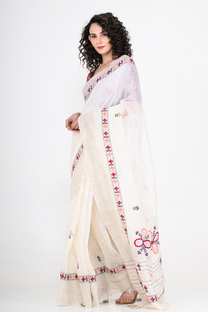 Pure Linen White Saree with Thread Work