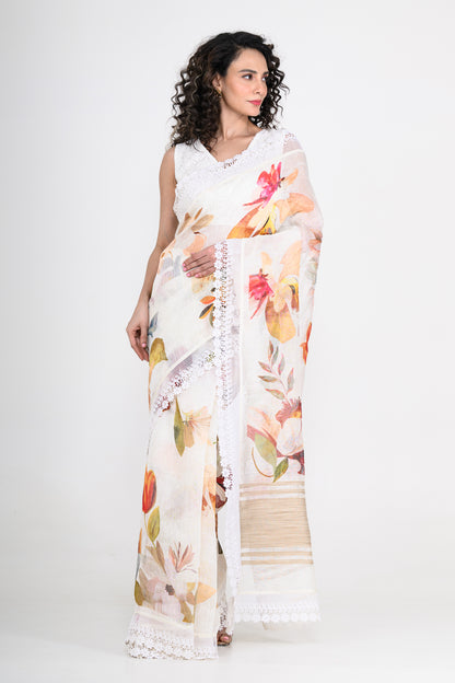 Graceful Off White Floral Printed Pure Linen Saree