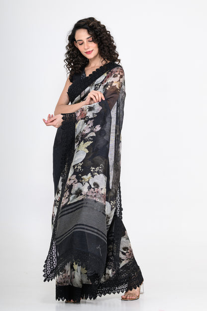 Floral Printed Pure Linen Black Saree