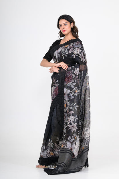 Floral Printed Pure Linen Black Saree with Lace Work