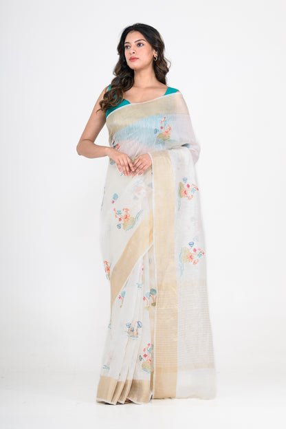 White-Gold Dual Tone Floral Printed Pure Linen Saree