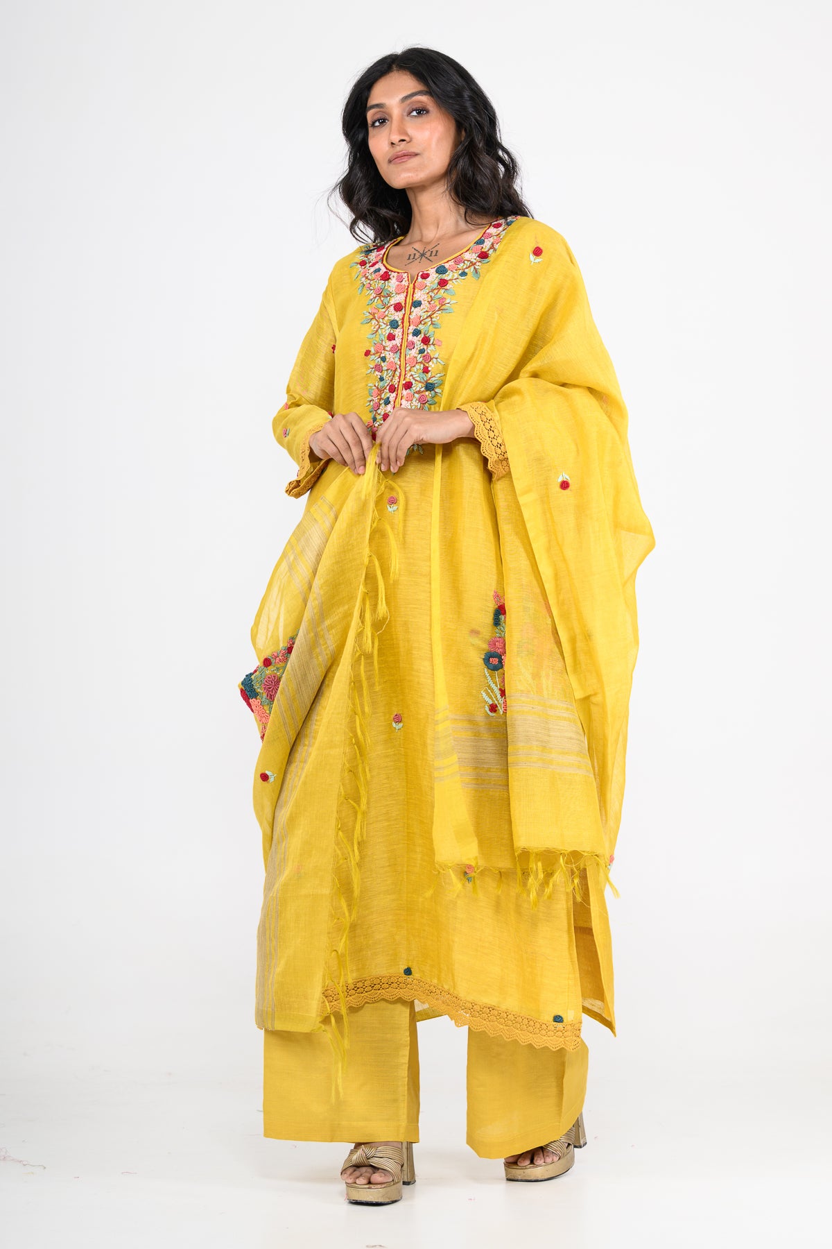 Pure Linen Mustard Yellow Kurta Set & Dupatta with Thread Work