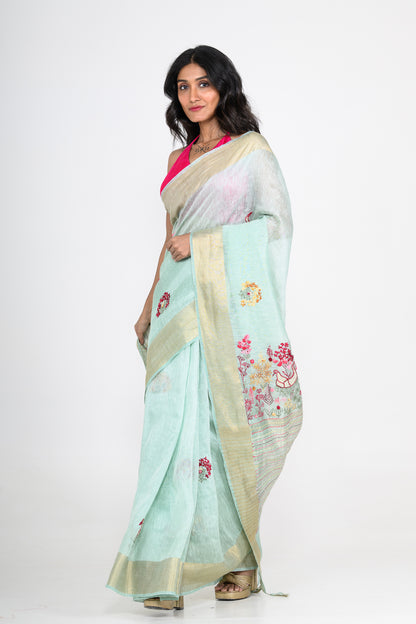 Light Green Pure Linen Saree with Tikki & Thread Work