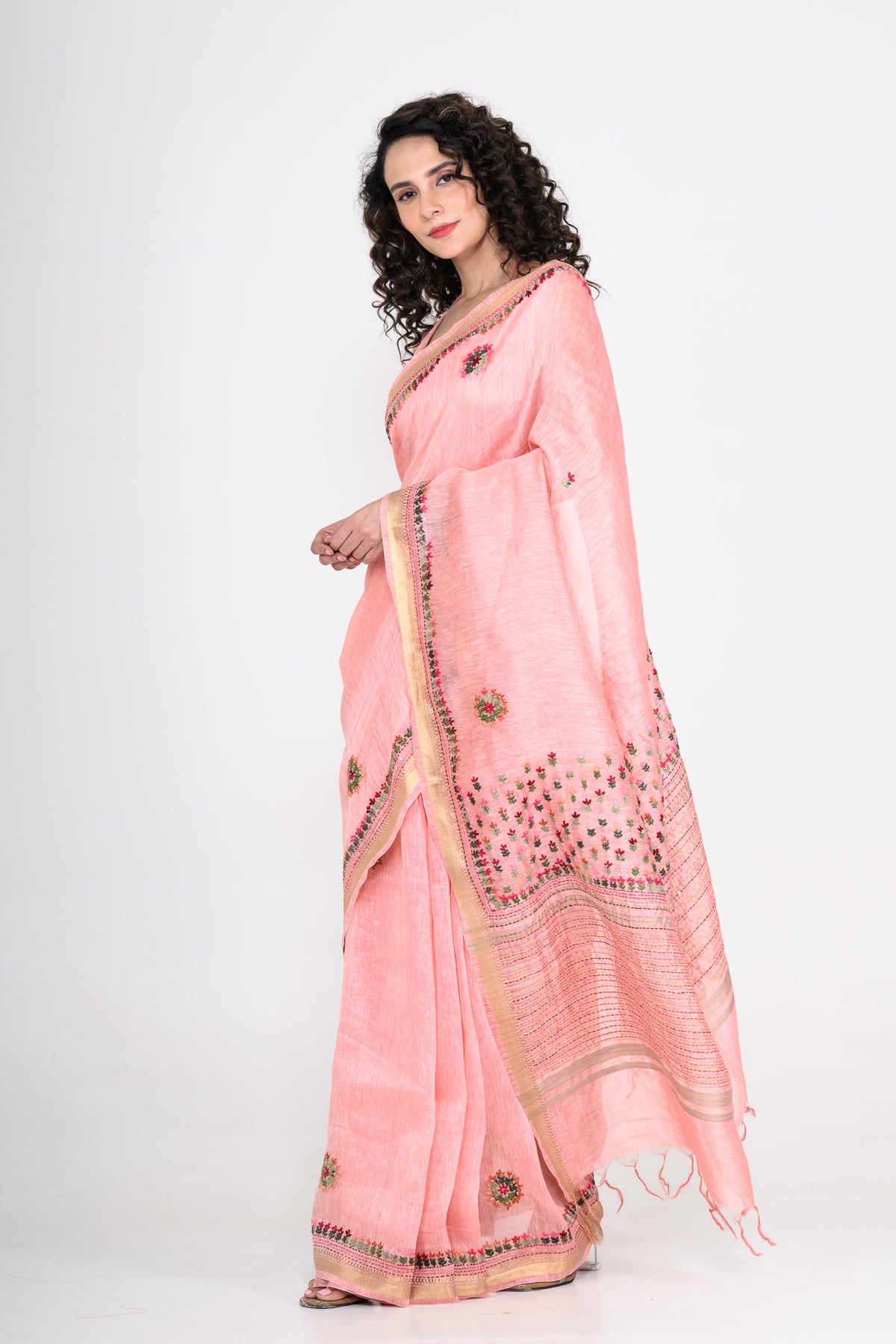 Dusty Pink Pure Linen Saree with Katha & Tikki Work