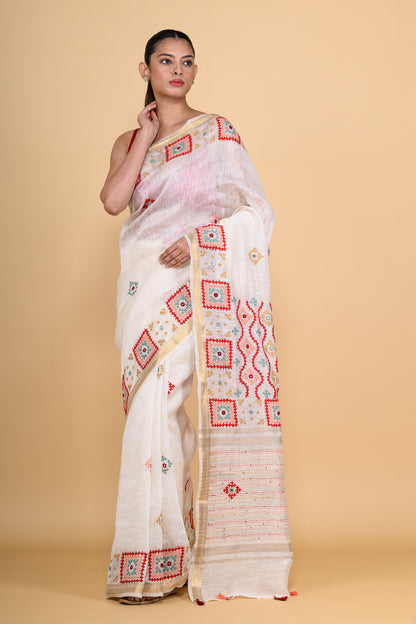 Pure Linen White Saree Highlighted with Tikki & Thread Work