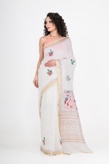 White Embroidered Pure Linen Saree with Tikki & Thread Work