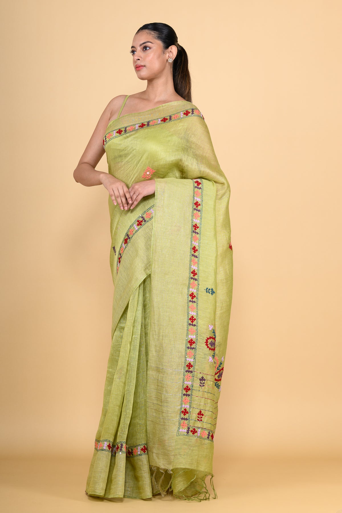 Leaf Green Pure Linen Saree with Thread Work