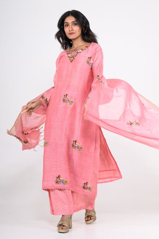Pink Thread Embroidered Pure Linen Kurta Set & Dupatta