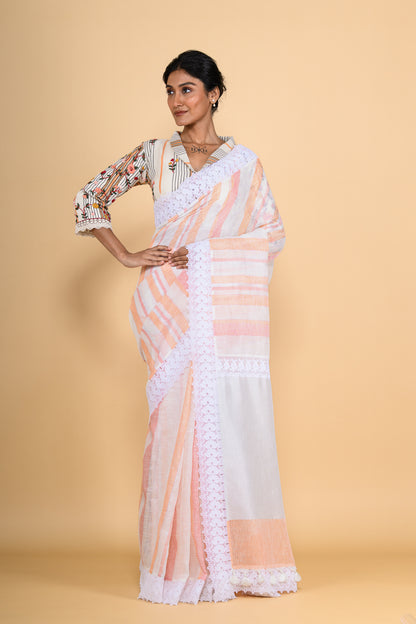 Peach Handwoven Jute Linen Saree