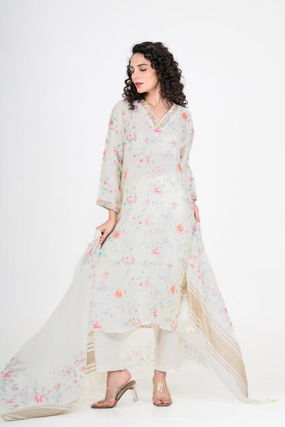Floral Printed Pure Linen Off White Kurta Set with 3D Embroidery