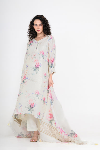 Pure Linen Off White Kurta Set with Dupatta