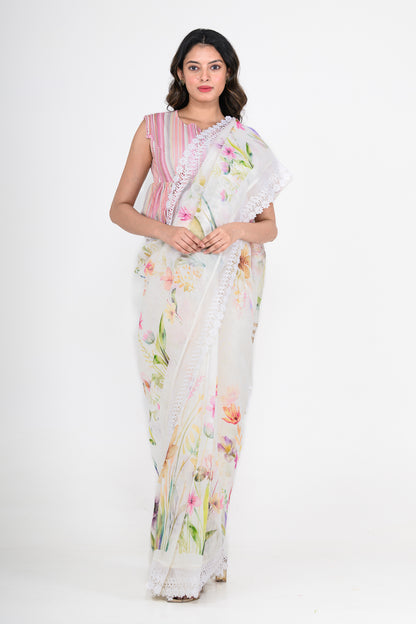 Floral Printed Off White Pure Linen Saree with Lace Work