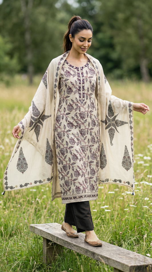 Resham Embroidery Beige & Black chanderi Stitched Suit Set