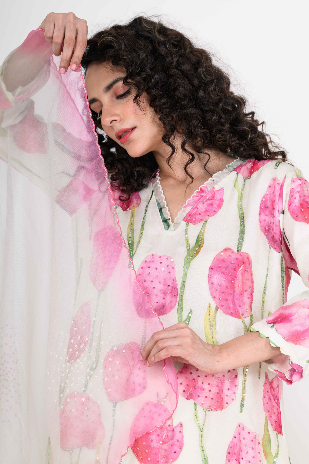 White & Pink Printed Organza Kurta Set with Hand Embroidery