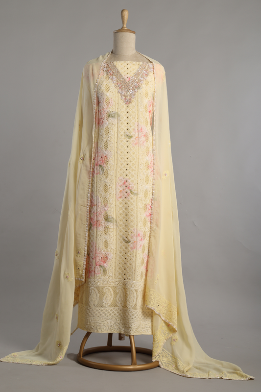 Yellow Printed Georgette Chikankari Kurta Set Enhanced with Zardozi Neckline